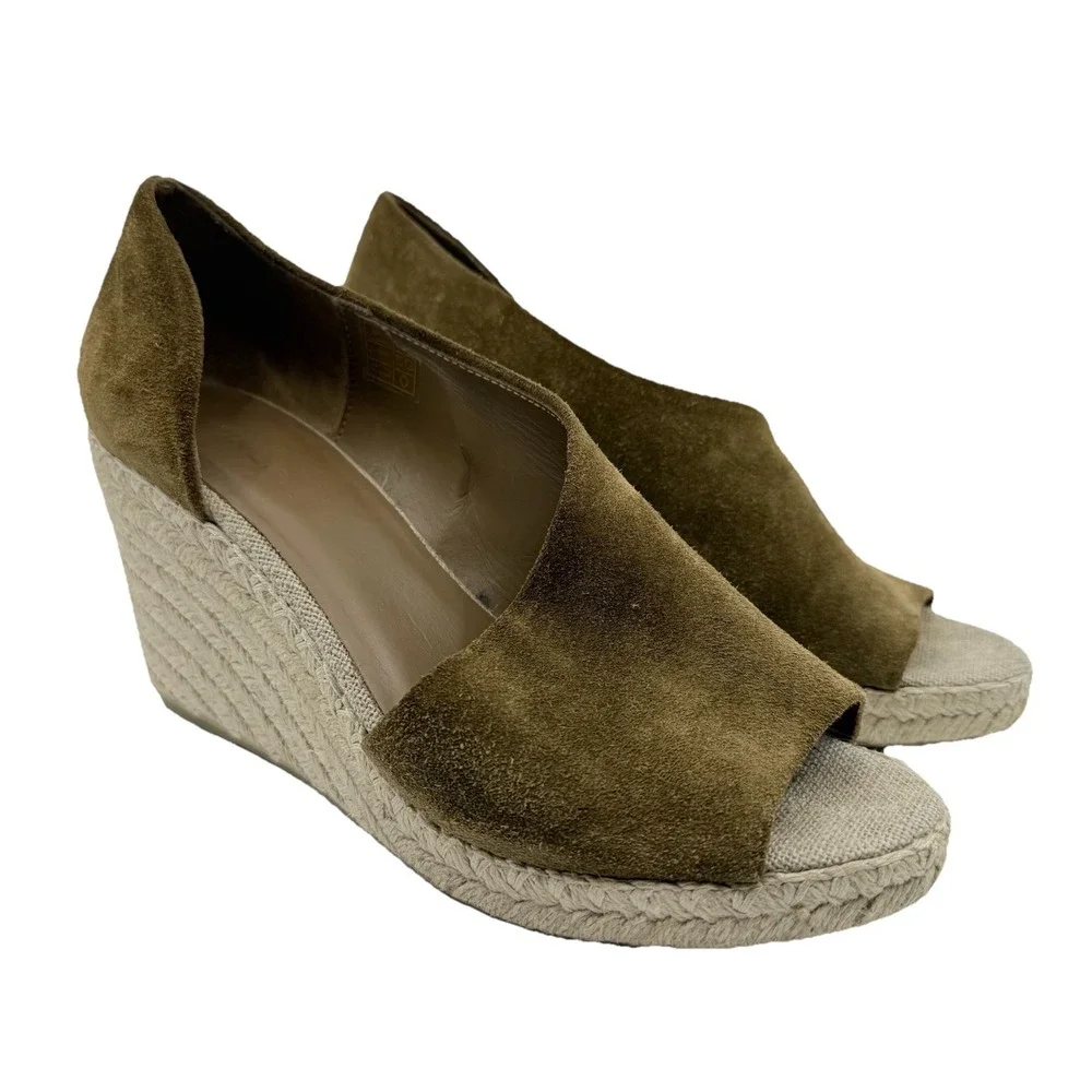 VINCE Sonora Suede Dorsay Jute Platform Wedge‎ Espadrille Sandal Women 8 Olive